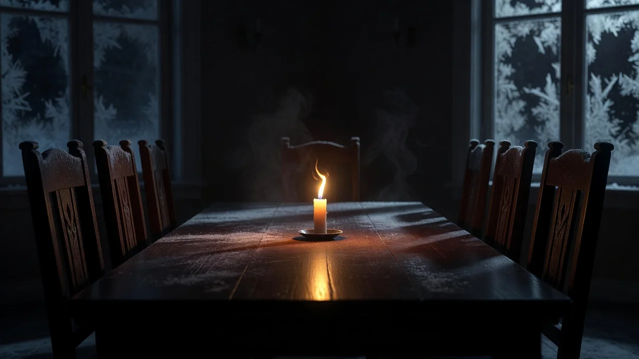 A single candle flame flickering in a dark frozen dining room, cinemagraph still photo