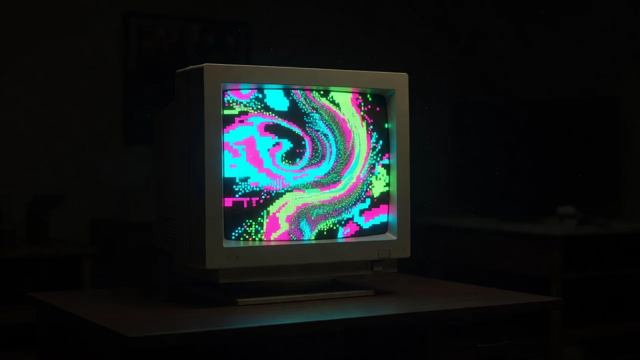 Retro CRT monitor glowing in a dark room showing a colorful abstract pixel animation, no readable text
