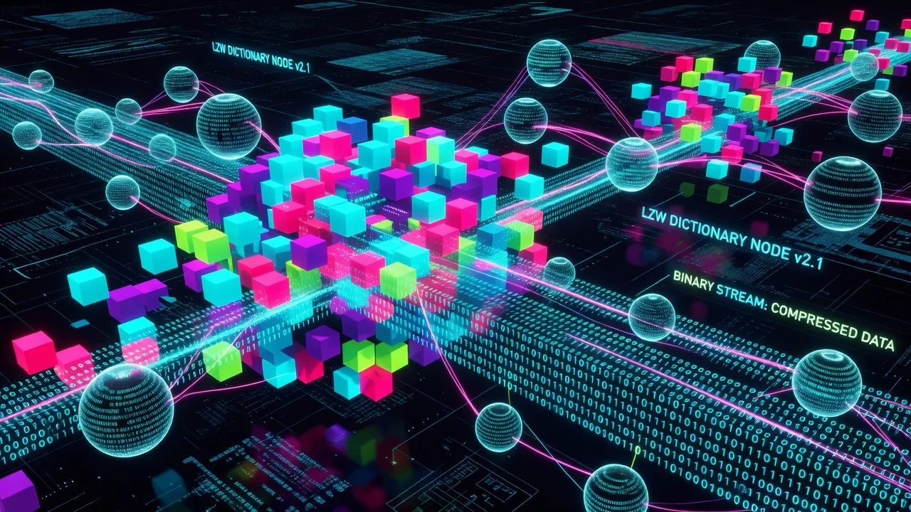 Animated diagram showing LZW dictionary building process with color runs turning into compact codes