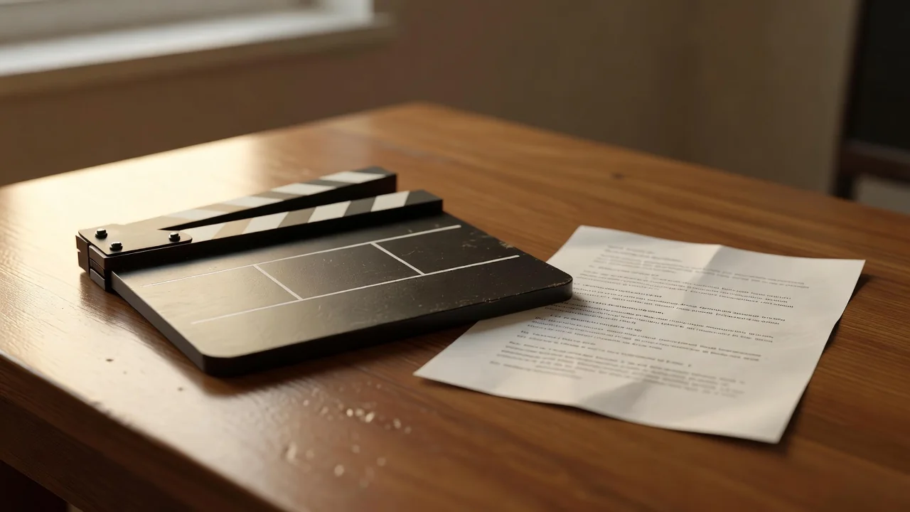 A film clapperboard beside a printed document on a wooden desk in warm light