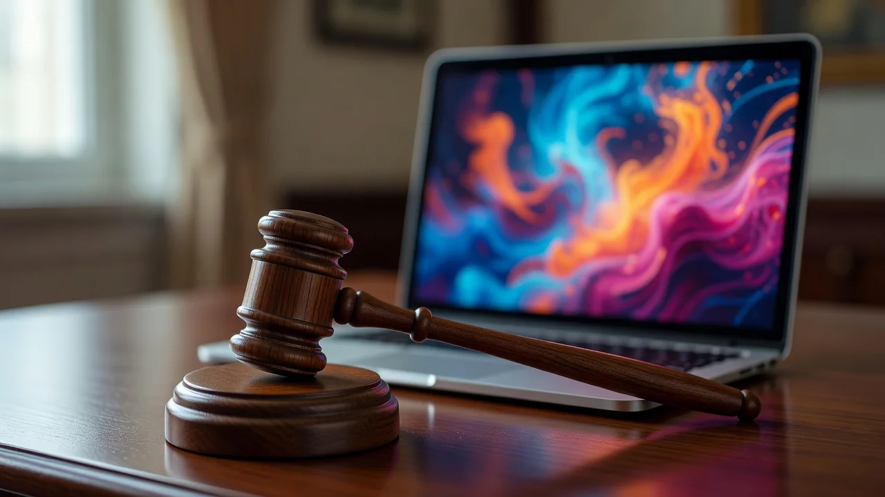 A judge gavel beside a laptop showing a colorful abstract animation frame, shallow depth of field, no readable text