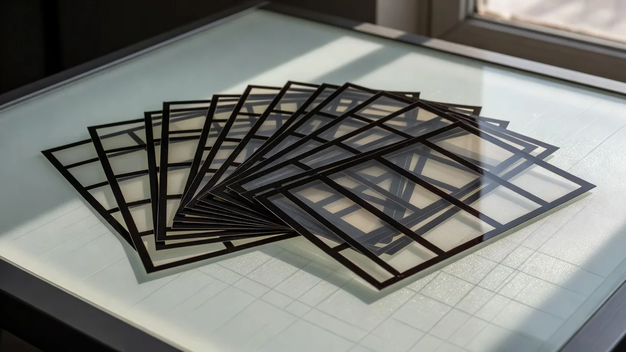 Stack of transparent film frames fanned out on a photographer light table, macro shot