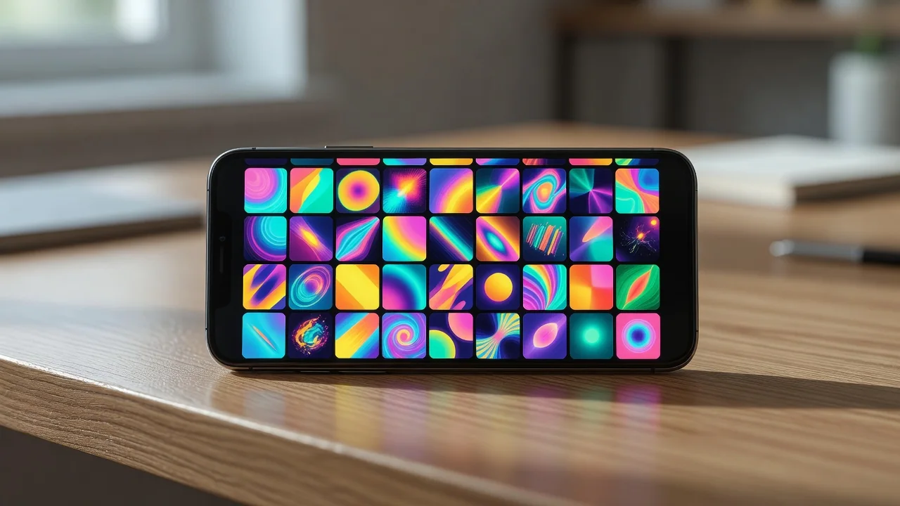 Smartphone on a desk showing a colorful grid of square animation thumbnails, no readable text