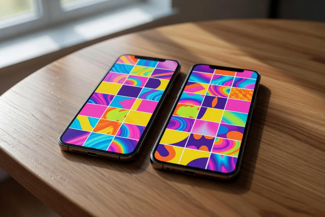 Two smartphones side by side on a wooden table, both showing colorful abstract thumbnail grids, no readable text