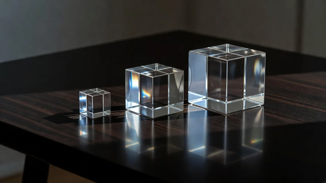 Three glass cubes of clearly different sizes on a dark reflective desk