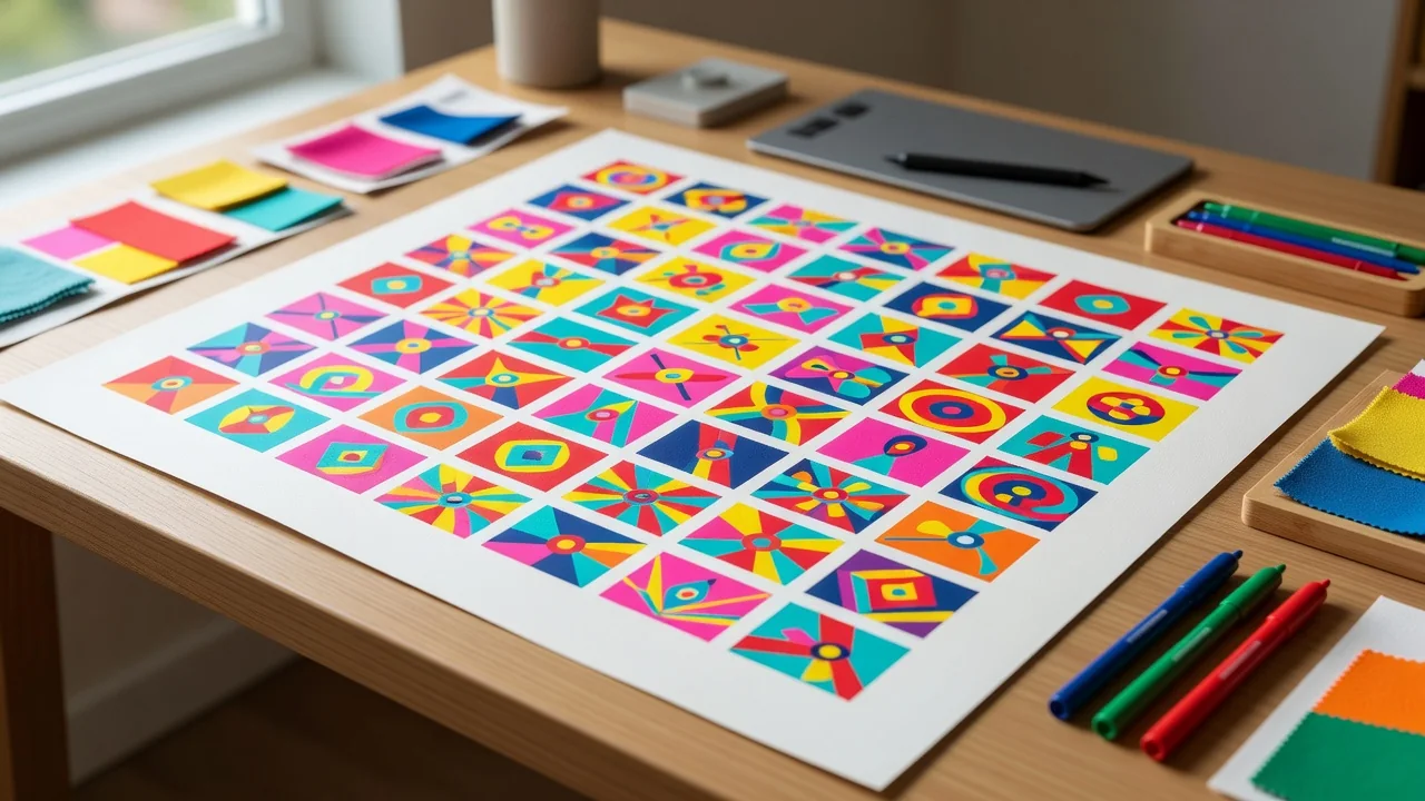 A colorful grid of printed square animation frames on a designer desk, bright daylight, no text