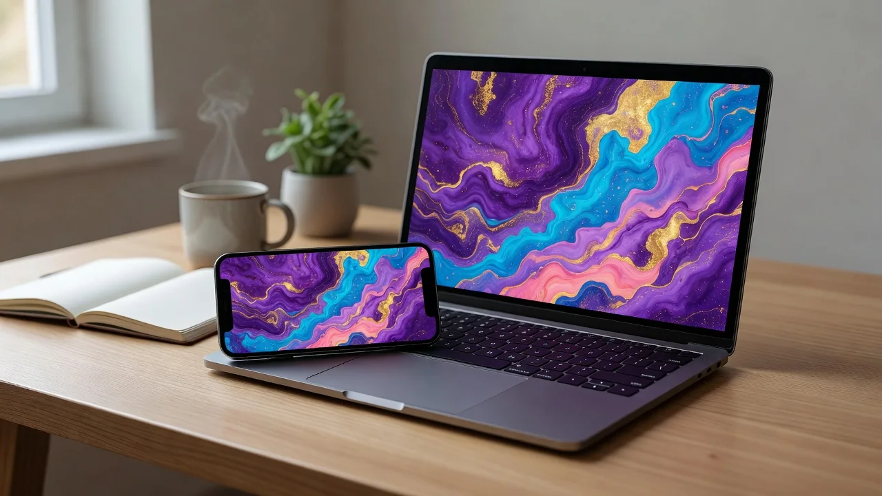 A laptop and smartphone side by side both showing colorful abstract animation frames, cozy desk, no readable text