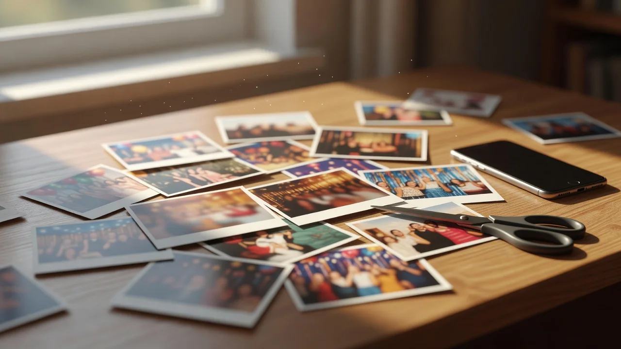 A bright desk with printed party photos, scissors and a smartphone lying flat, warm daylight