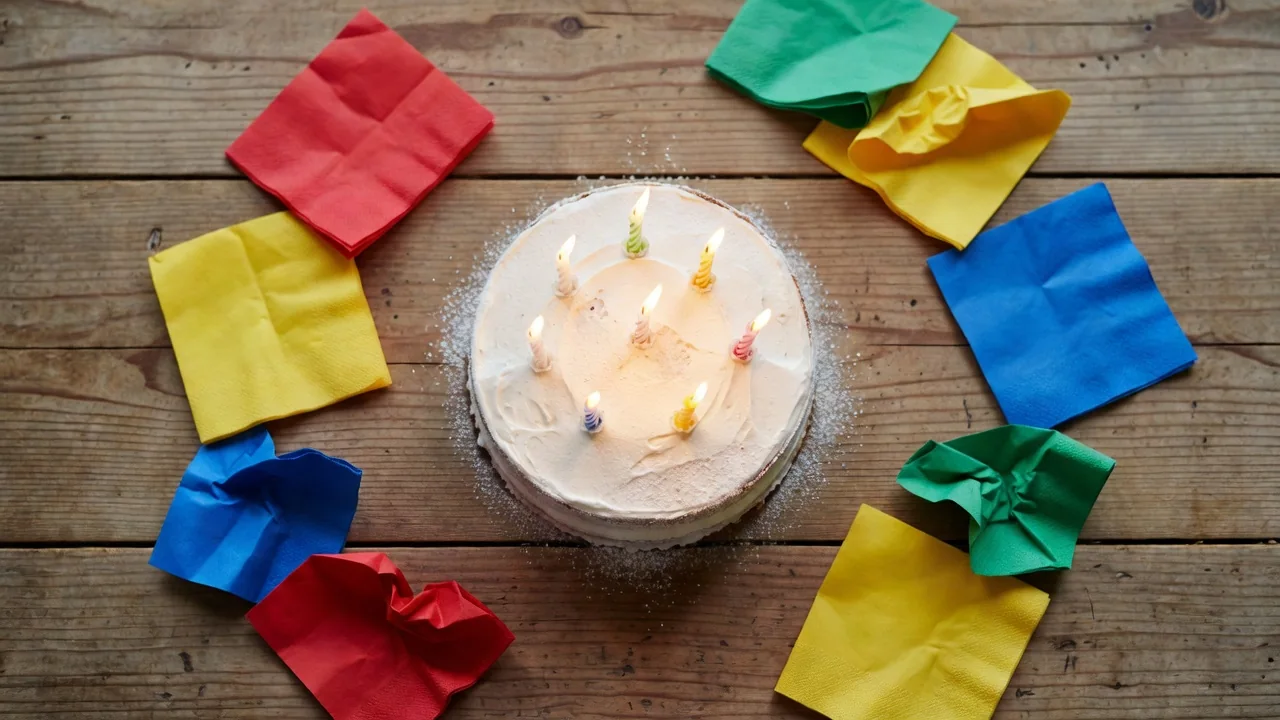 A small cake with lit candles on a wooden table shot from above, colorful napkins around