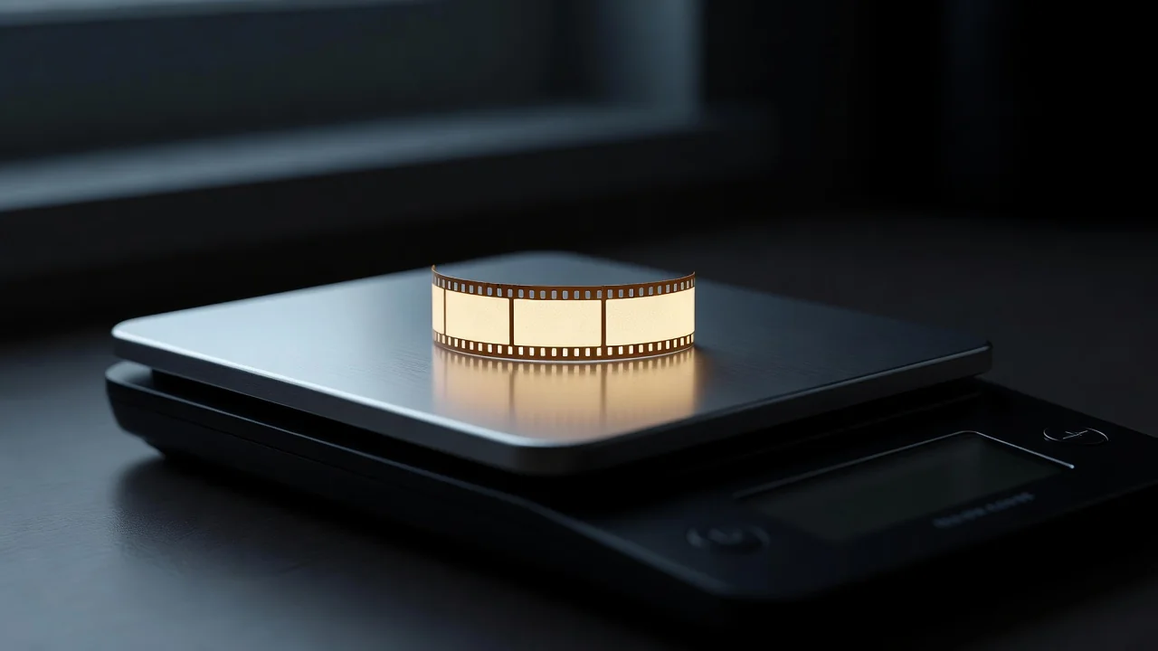 A small glowing film strip resting on a digital kitchen scale, dark background
