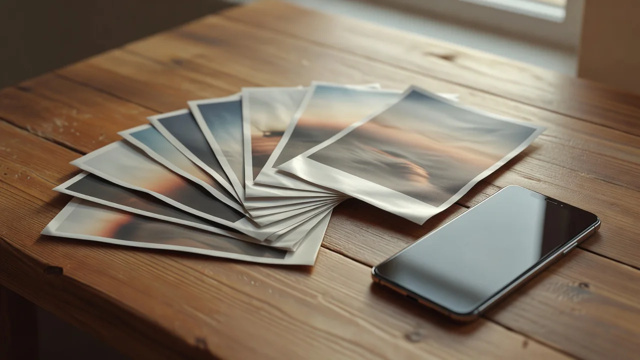 Printed photographs fanned out on a warm wooden table next to a smartphone, soft window light