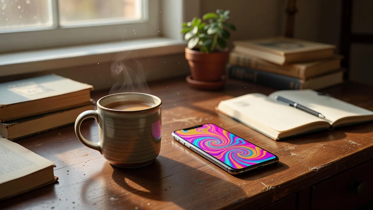 Cozy desk scene with a warm mug and a phone showing a colorful abstract loop, soft light, no people