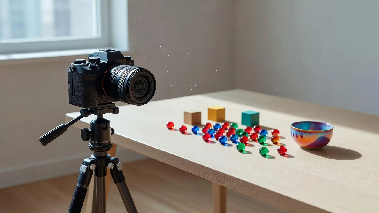 Mirrorless camera on a tripod aimed at a bright window-lit desk with small colorful objects